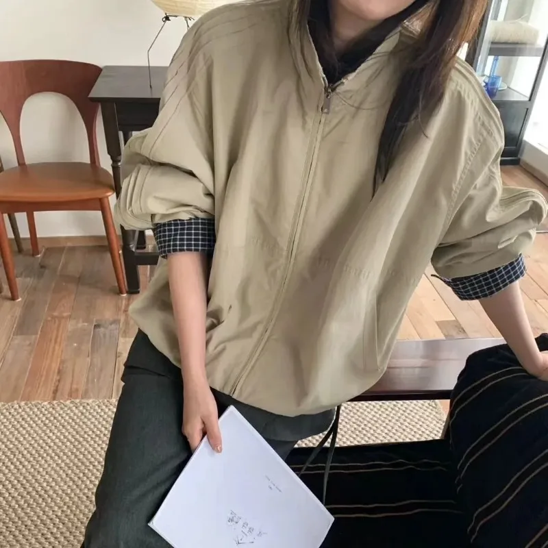 Korean Plaid Cuff Splicing Design Stand Collar Zipper Short Jacket for Women for Autumn Loose Casual Lazy Style Baseball Uniform