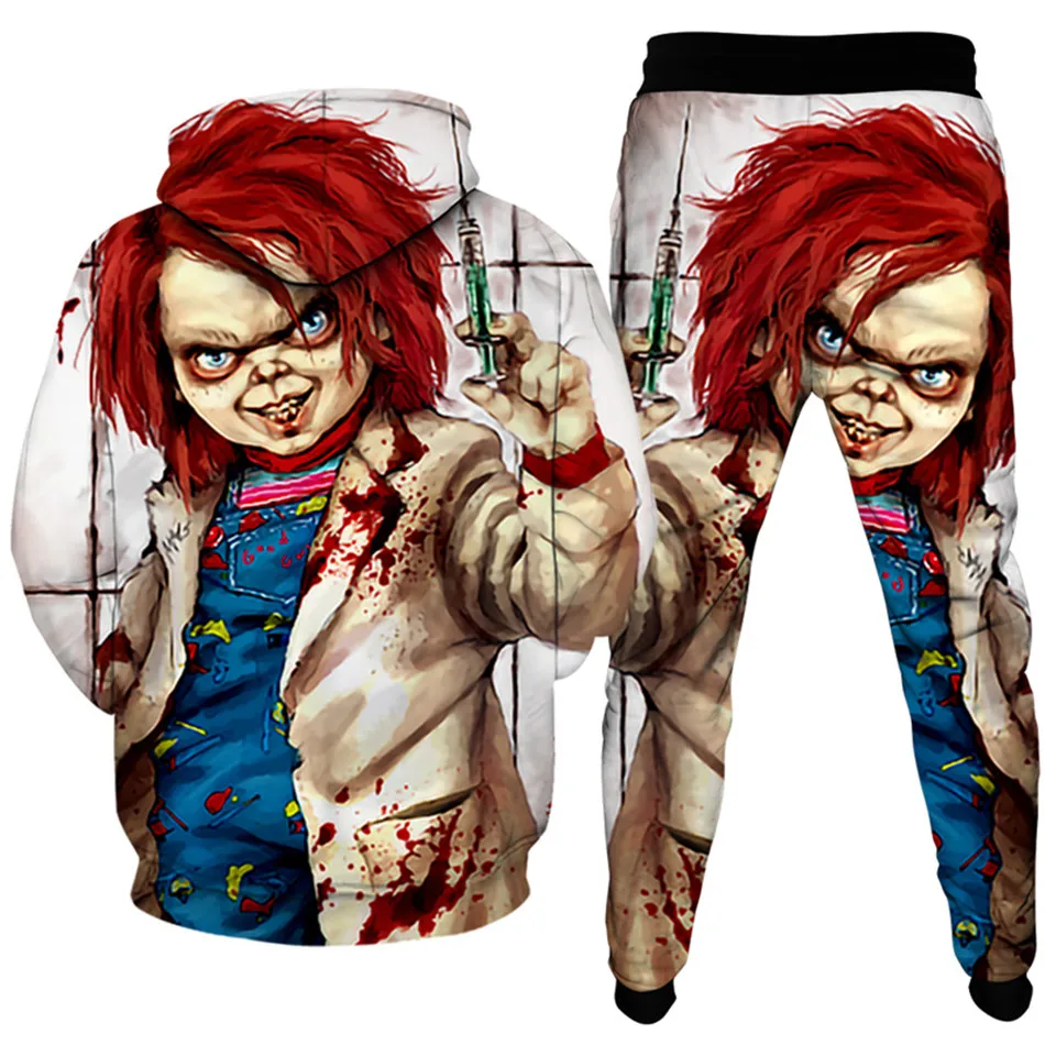 Horror Chucky nadruk Anime dres męski ubrania Plus rozmiar S-6XL kobiet Halloween Punk bluzy + spodnie 2 szt. Sportwea