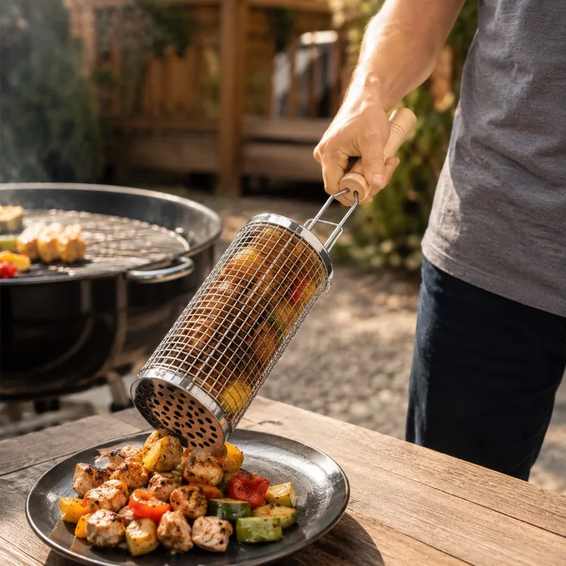 Round Barbecue Grill Basket Set Stainless Steel Rolling Steel Mesh Tube Barbecue Grill with Handle Essential for Outdoor Camping view 2