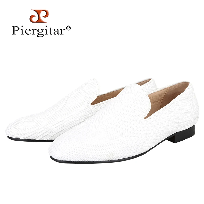 Piergitar 2026 Handmade White Color Sequins Men's Smoking Slippers Luxurious Brand Red Bottom Slip-On Loafers Flats Plus Size