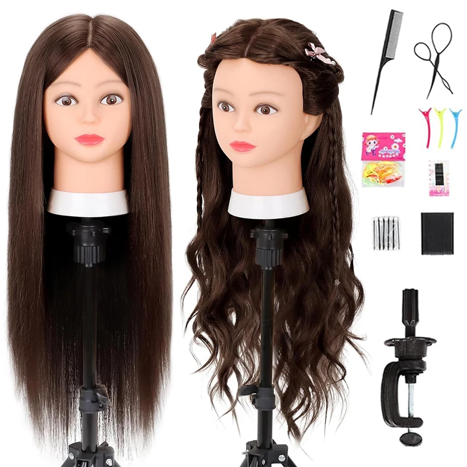 

Premium Mannequin Head With Long Straight Hair 80% Human Hair Manikin Practice Head With Clamp Stand and Tools For Hairdresser