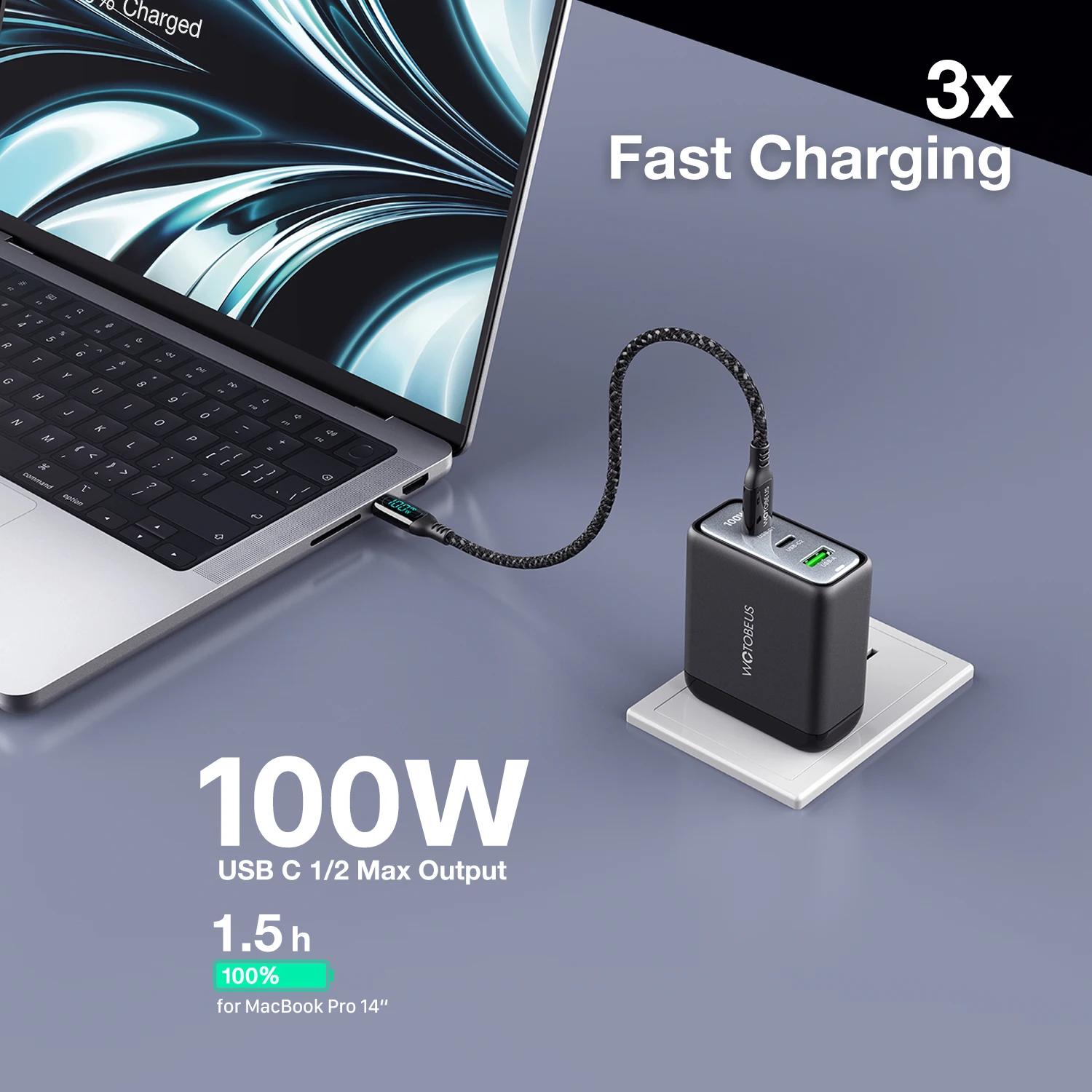 WOTOBE 100W GaN 3-Port Wall Charger PD100W/65W/45W QC5/4/3.0 USB C PD Fast Charger for MacBook iPad iPhone15 14 13 12 Galaxy S24