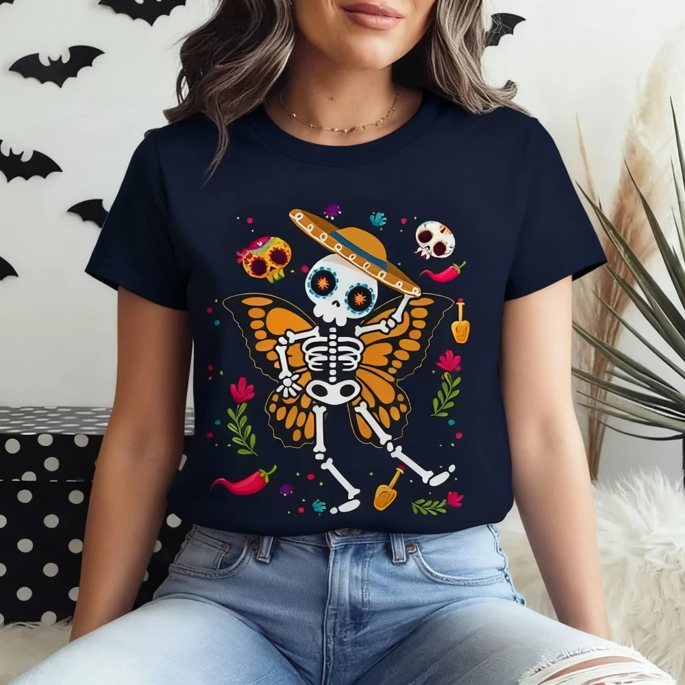 

Day of The Dead Tshirt Sugar Skull Skeleton Monarch Butterfly T-Shirt Flowers Skull Shirt Dia De Los Muertos Tee Women Casual T