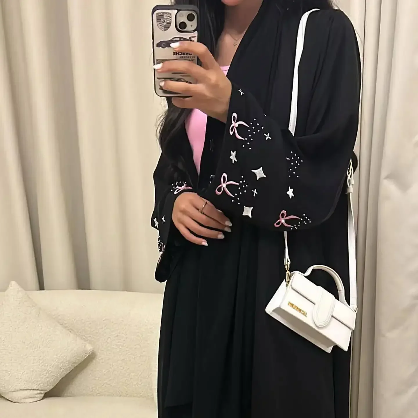 Black Open Abaya and Hijab Scarf Bow Embroidery Kimono Muslim Party Dress Abayas for Women Dubai Islamic Modest Turkish Kaftan