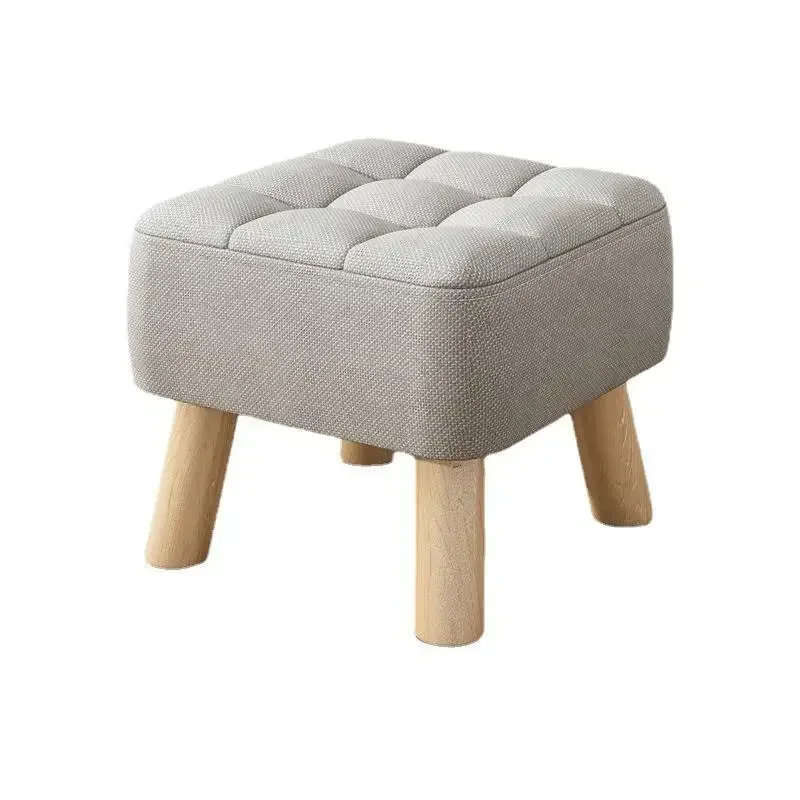 Dia30cm Round Ottoman Foot Rest Stool Linen Fabric Padded Seat Pouf Ottoman with Non-Skid Wooden Legs