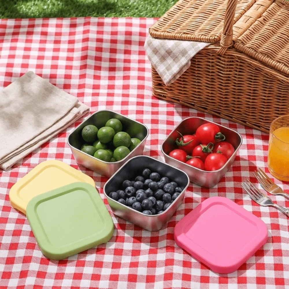 Silicone Lid Stainless Steel Fresh-keeping Box Stackable Food Grade Food Storage Container Leakproof Square Lunch Box