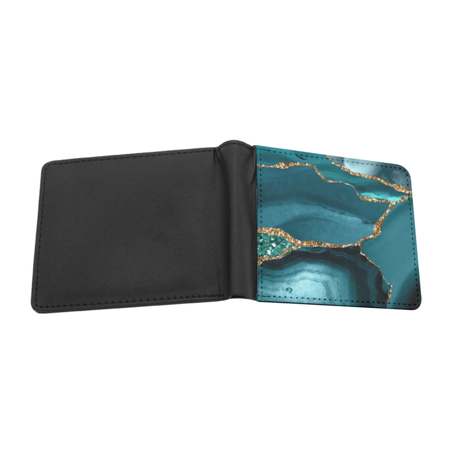 Abstract Teal Blue And Gold Glitter Modern Geode Agate Design Personalized Men's Leather Wallet Card Money Bag Pu Leather