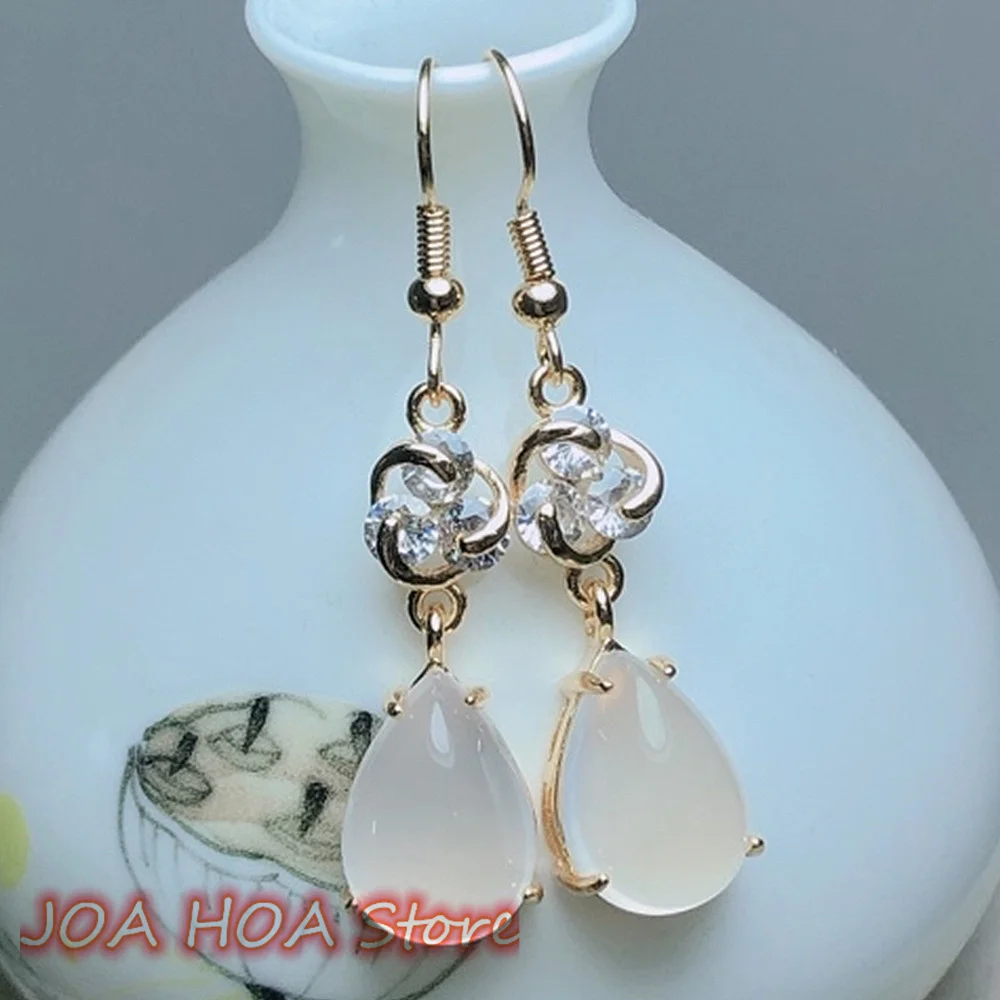 Elegance Noble Lady Jewelry Inlaid Natural Chalcedony Agate Earring Red White Pink Jade Women Ear Chain