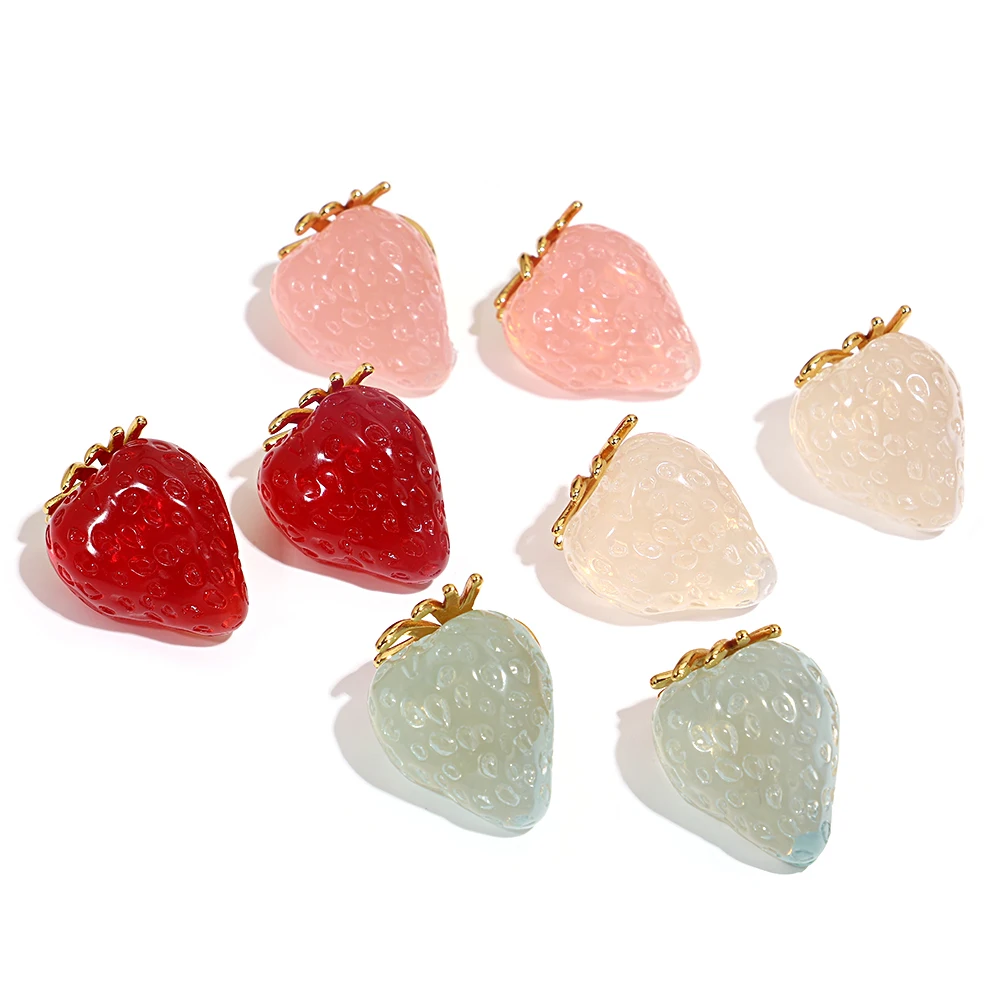 AENSOA Stainless Steel Resin Strawberry Pattern Women's Stud Earrings Charm Multiple Color Choice Personality Ear Accessories