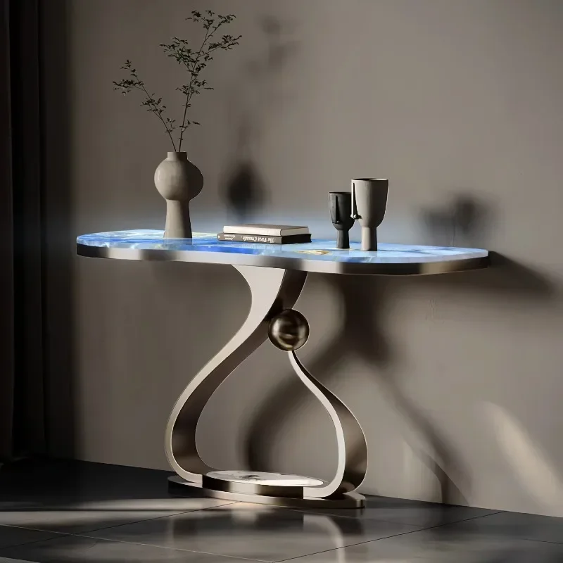 Luminous jade entrance table Modern simple light luxury corridor Home metal base Villa living room entrance rack