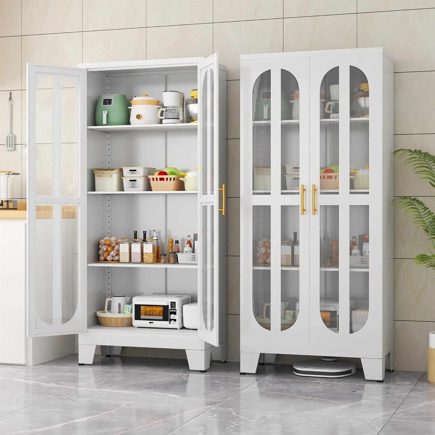 

Metal Kitchen Pantry Storage Cabinet,Food Pantries Cabinets with Acrylic Glass Doors and Adjustable Shelves,Storage Cupboard