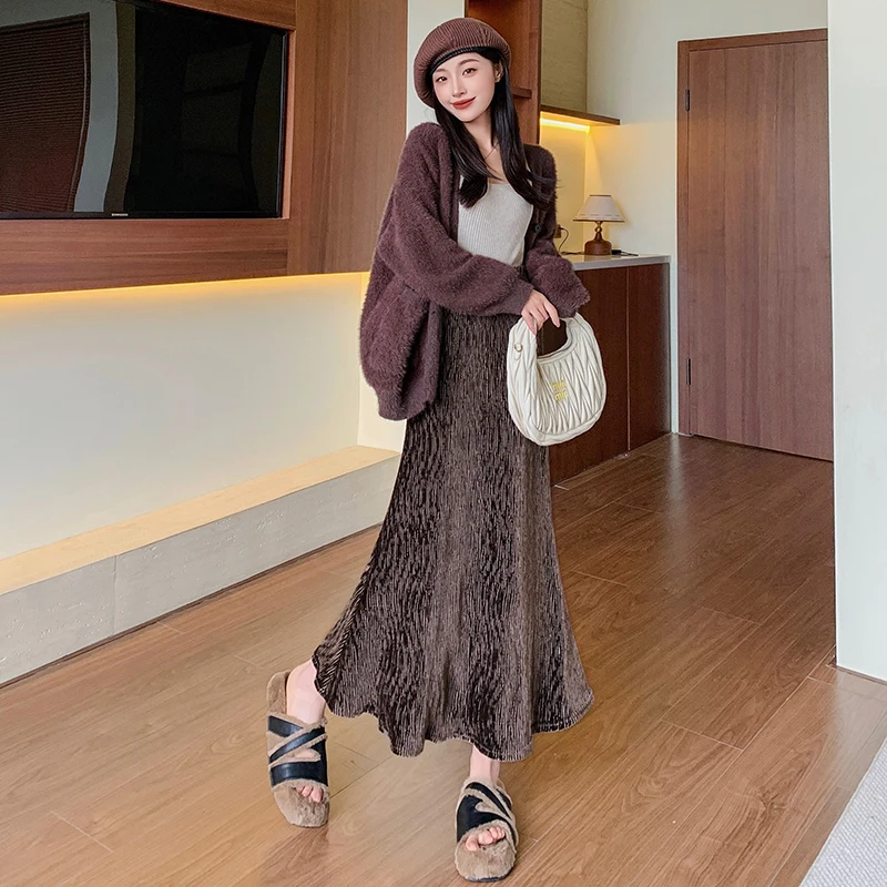 Autumn and Winter Golden Velvet High Waist Butt Wrap Skirt Fish Tail Skirt A-line Skirt Long Skirt Step Skirt