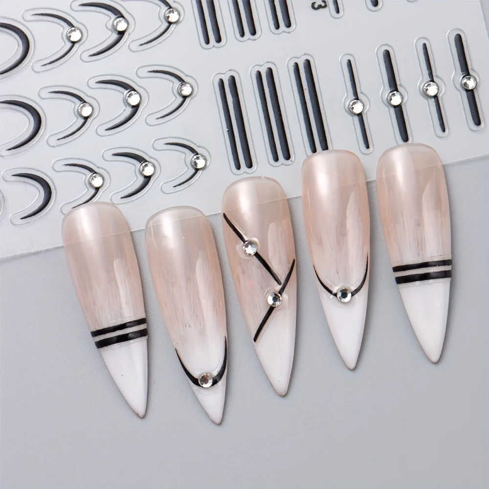 Self Adhesive Nail Stickers French Line Metallic Wave Stripe Rhinestone Elegant Manicure Decals