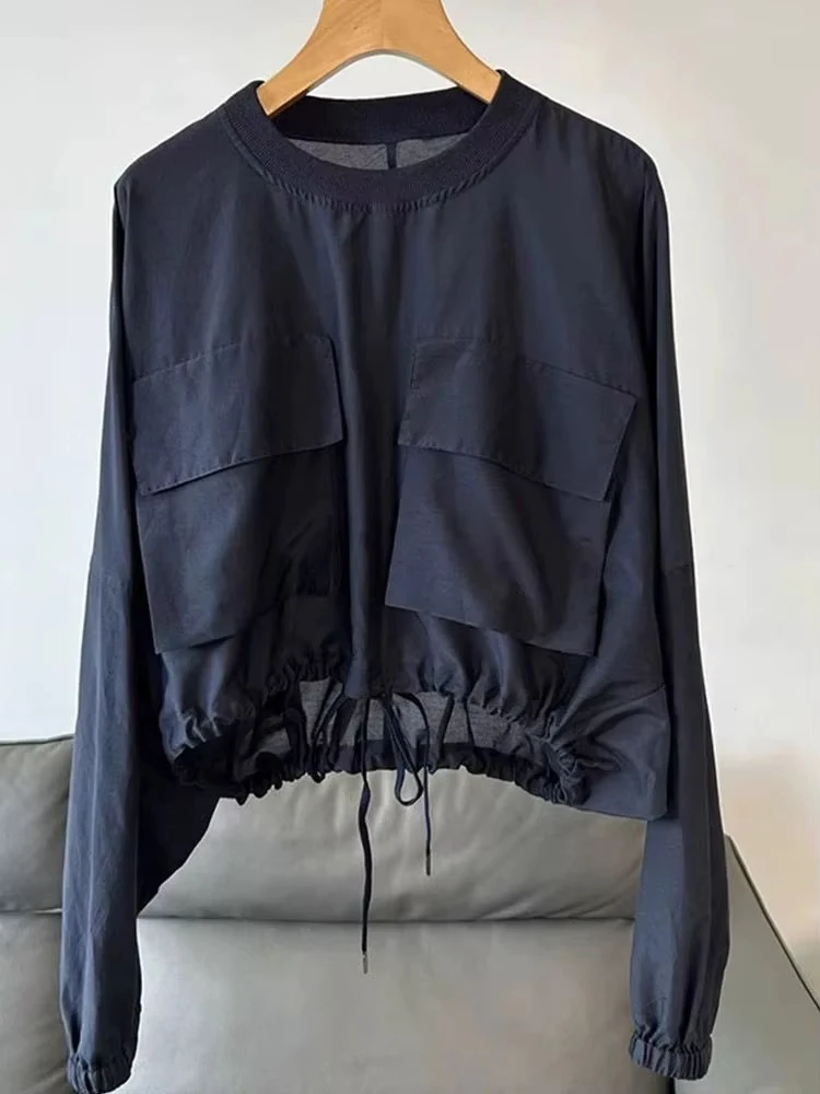 

Модный синий топ с круглым вырезом и длинными рукавами, тонкая блузка, женская повседневная свободная рубашка в возрасте, универсальная женская одежда на шнурке