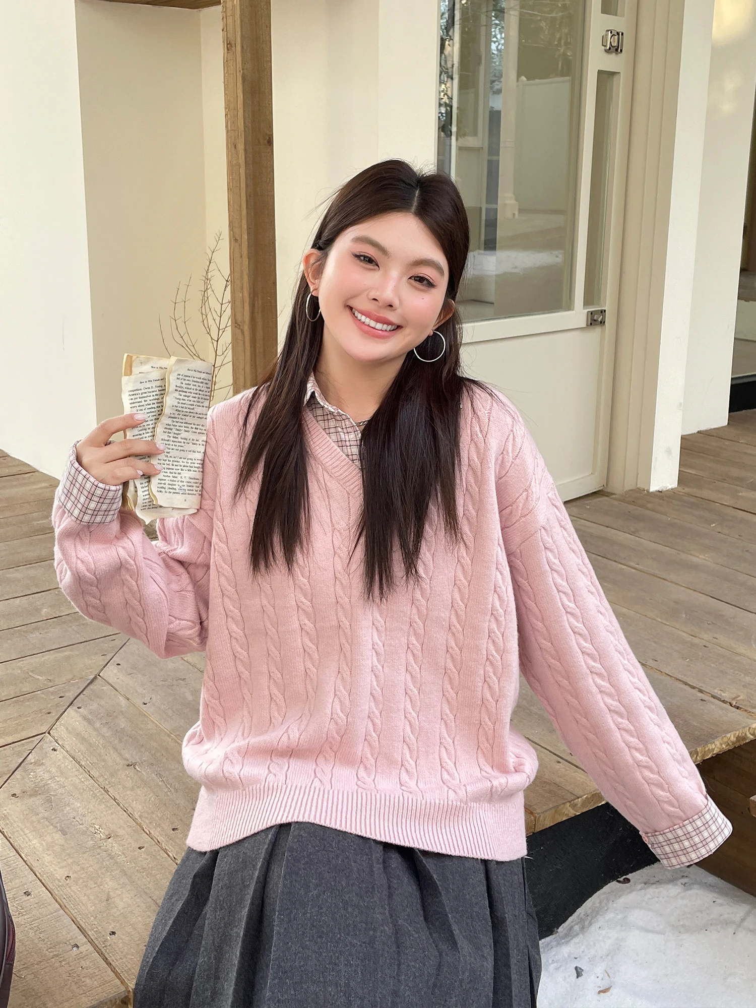 

Осенне-зимний вязаный свитер в клетку с эффектом похудения для женщин, свободный крой, повседневный, с длинным рукавом, круглый вырез, топ