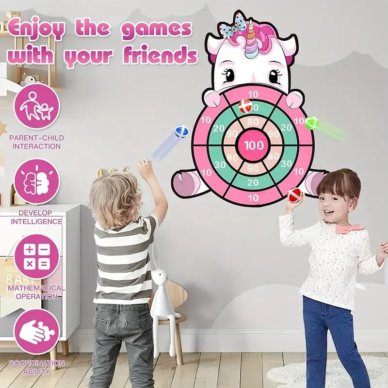 Children's early education puzzle unicorn sticky ball dart board toy, parent-child indoor and outdoor interactive game, is a par