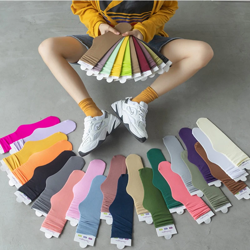 

1 Pair Summer Cool Socks For Women Students Candy Color Elastic Crimped Middle Tube Pile Socks Girls Solid Thin Stockings New