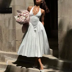 Sexy Deep V Hollow Halterneck Large Hem Dress For Women Solid High Waisted Backless Splice Summer New Vacation Long Dress 2024