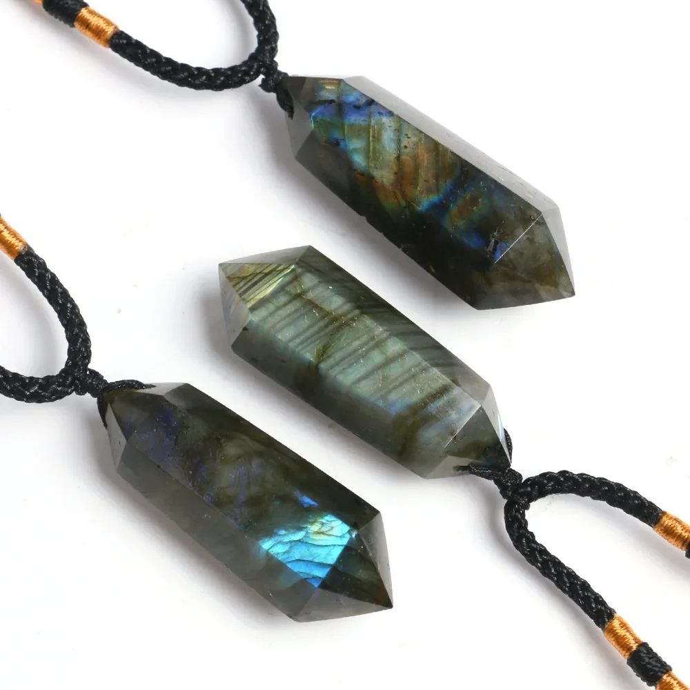 Natural Labradorite Pendant Men Women Necklace Double Stick Hexagon Point Energy Blue Crystals Quartz Moonstone Jewelry Ornament