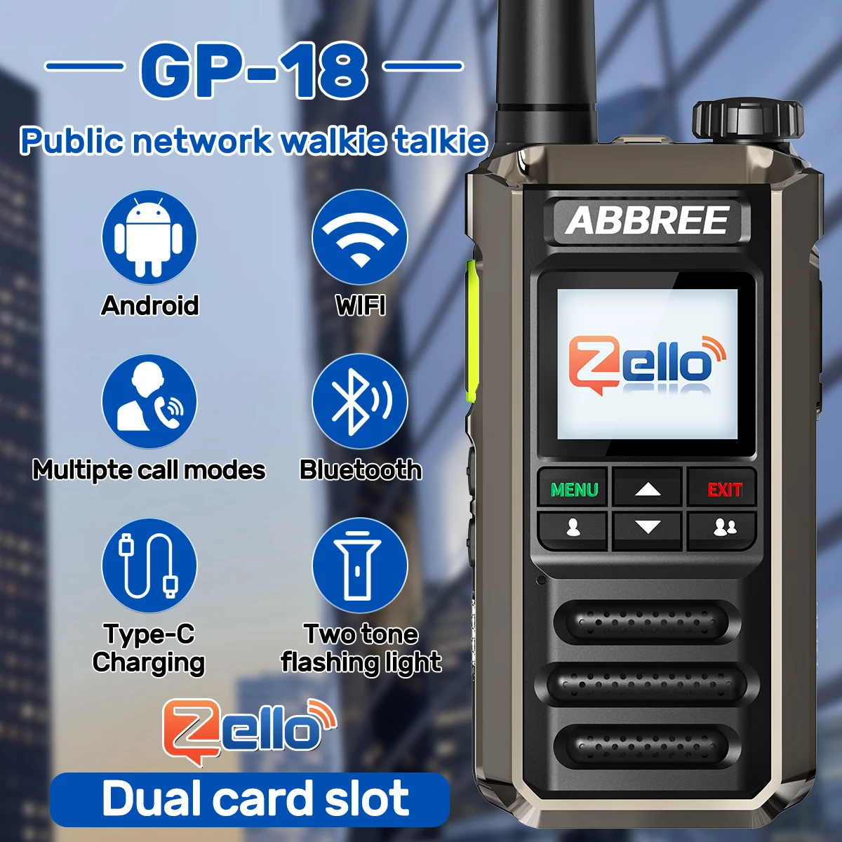 ABBREE GP-18 Zello POC لاسلكي تخاطب فتحات بطاقة Sim المزدوجة أندرويد بلوتوث 2G/3G/4G واي فاي مسافة غير محدودة شبكة راديو