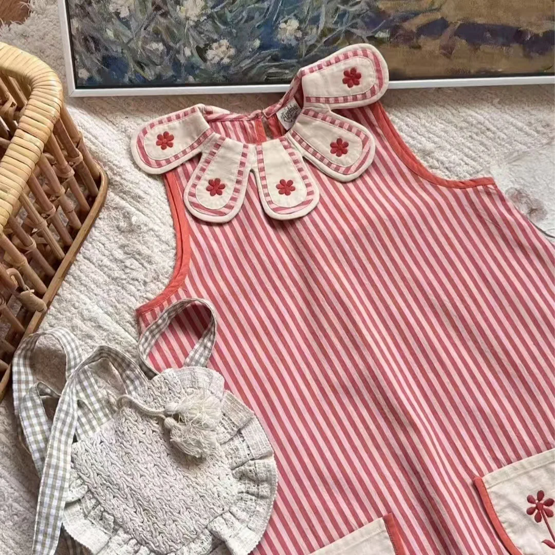 Striped Dress Casual Fashionable Cute and Sweet New Summer Embroidered Petal Collar Striped Sleeveless Dress