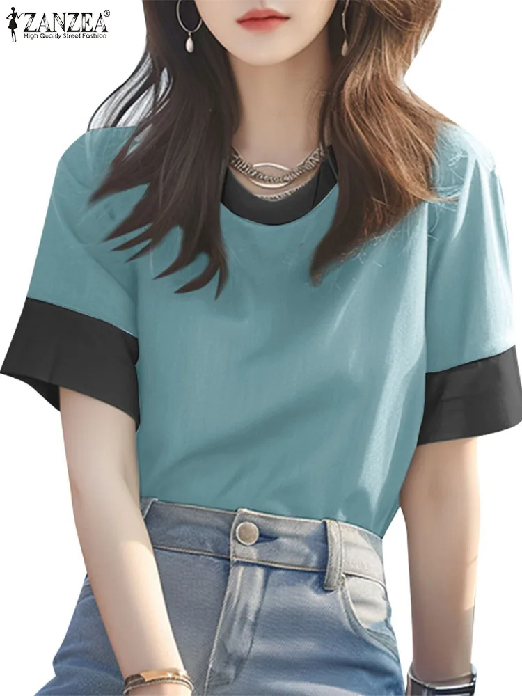 ZANZEA Casual Color Block Blouses Leisure Everyday Short Sleeve 2024 Summer Women T-shirts Korean Fashion O Neck Blusas Mujer