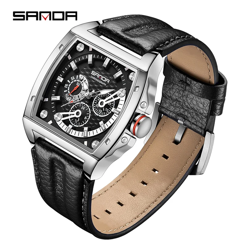 SANDA Top Brand Male Watches Square Quartz Watch Watch For Men Waterproof Leather Strap Sport Clock Male Relogio Masculino5308