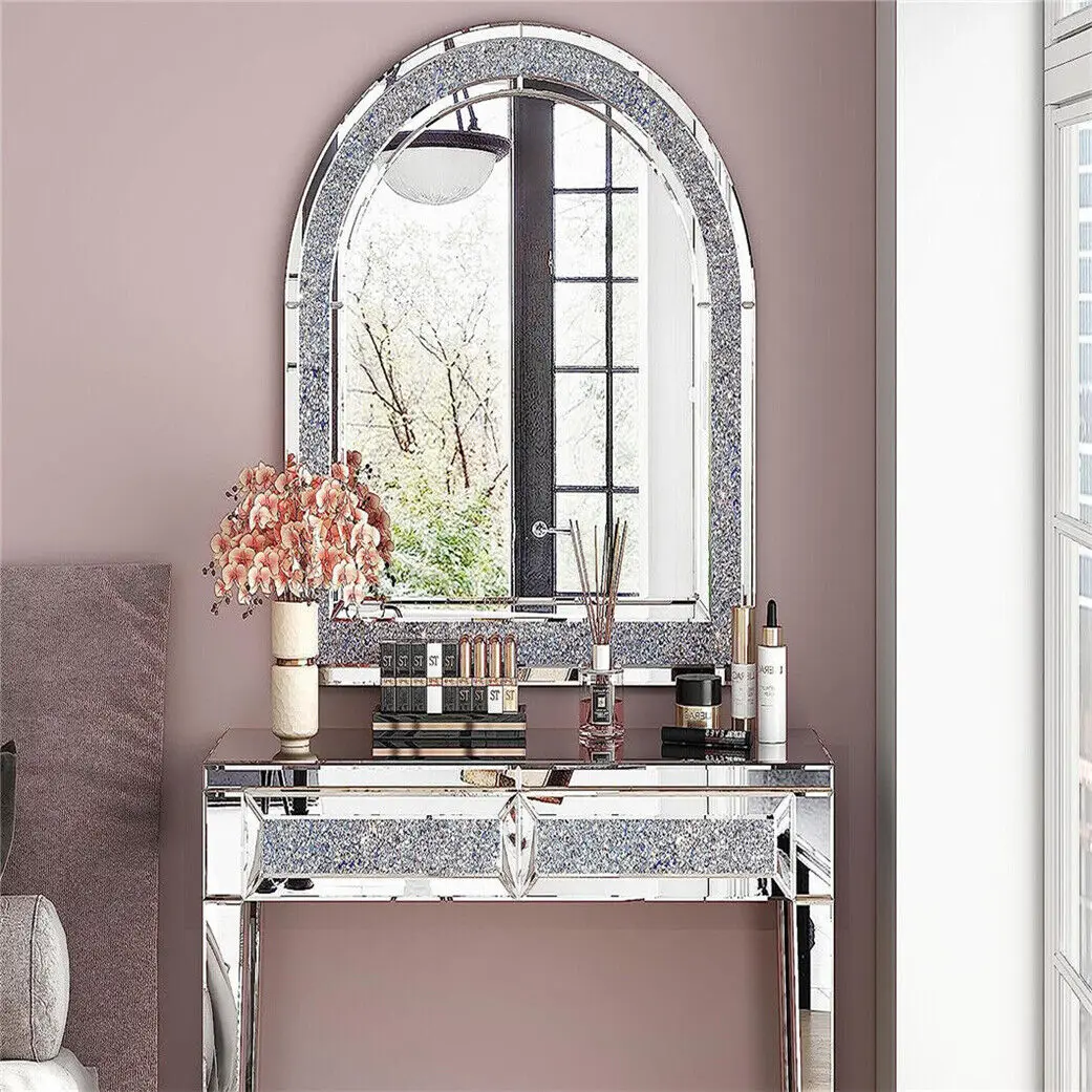 Large Crushed Diamond Crystal Glass Silver Frame Bevelled Wall Mirror Home Decor Accent Mirror 90 x 60 cm