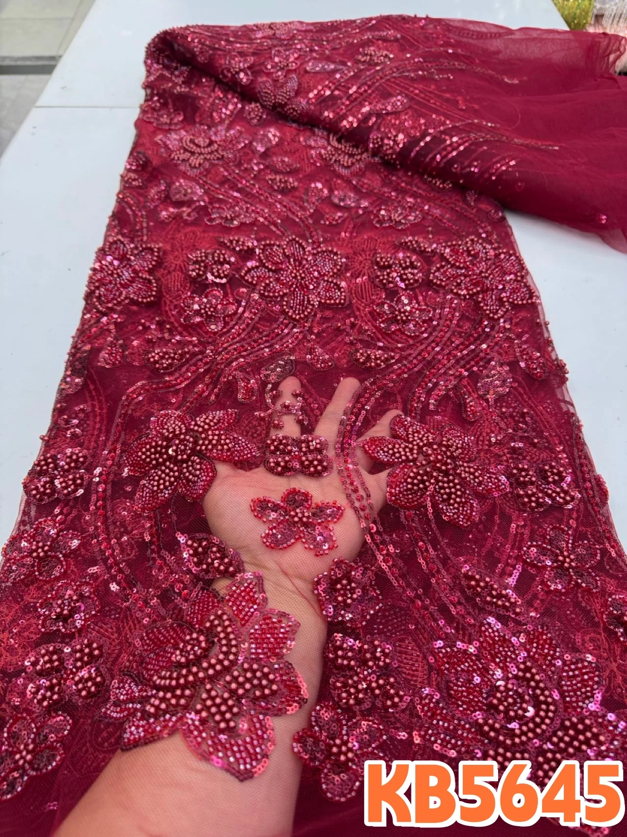 

YALISI African Red Sequins Lace Fabric Latest Beaded Embroidery French Tulle Mesh Lace Fabric Material for Wedding Dress KB5645