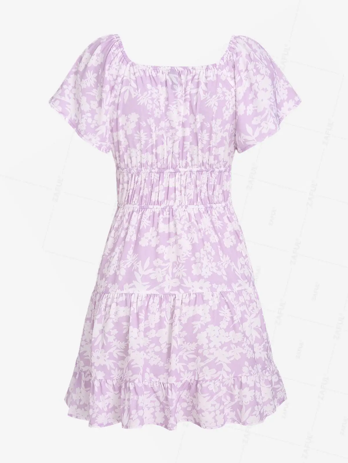 ZAFUL Flower Print Flutter Sleeve Tie Tiered Dress