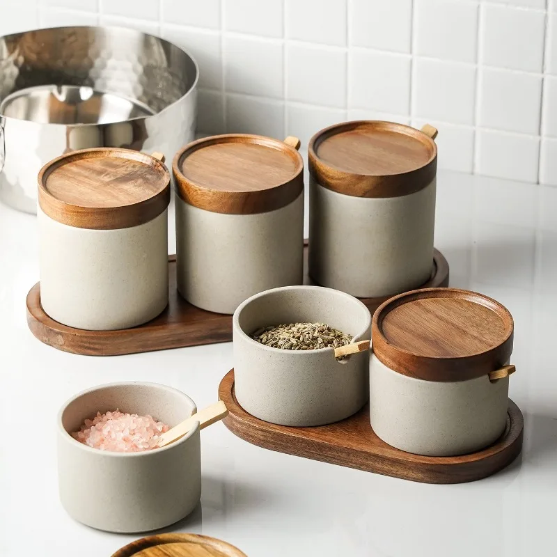 Wholesale Ceramic Seasoning Jar with Lid Household Kitchen Salt MSG Storage Box Set Large Capacity Seasoning Jar