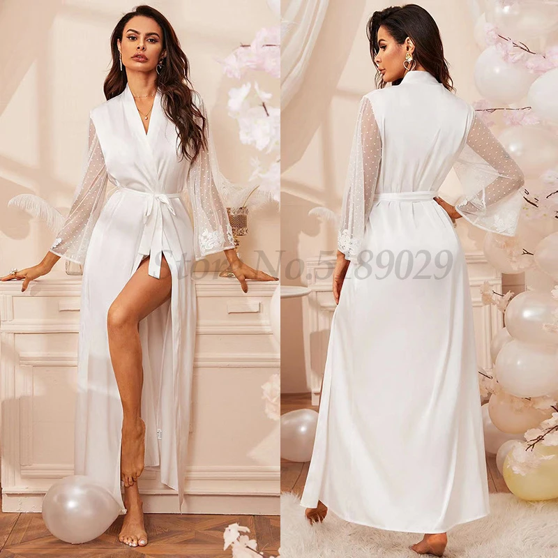 Sexy Sleepwear Bride Bridesmaid Long Robe Nightgown Casual Home Dressing Gown Intimate Lingerie Satin Lace Patchwork Bathrobe