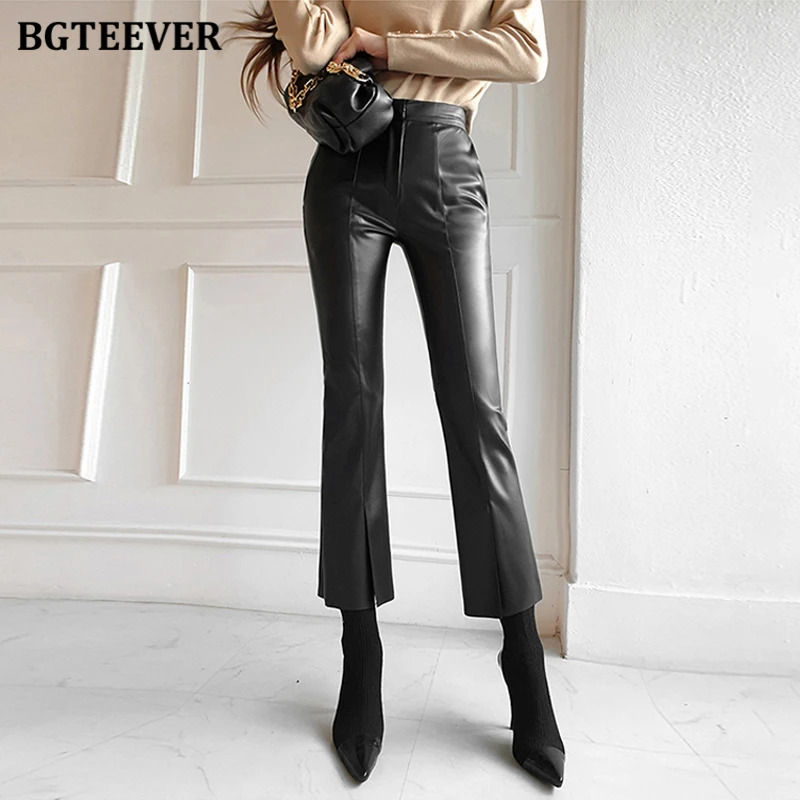 BGTEEVER Winter Velvet Split PU Leather Pants for Women Elegant High Waist Pockets Black Ladies Pu Trousers