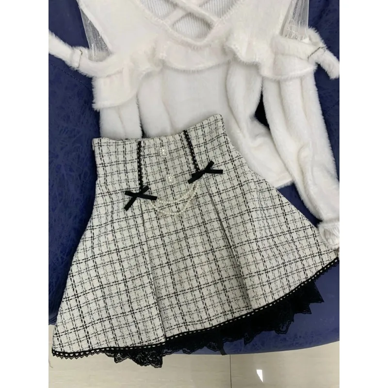 

Japanese Style Sweet Girl Bowknot Patchwork Lace Long Sleeve Sweater and High Waist Houndstooth Slim Fit Skirt Two-Piece Set