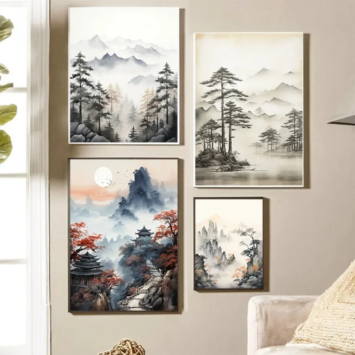 حائط لوح رسم الفن صور اليابانية ضبابي جبل أشجار الصنوبر المائية الملصقات المعاصرة ديكور غرفة المعيشة