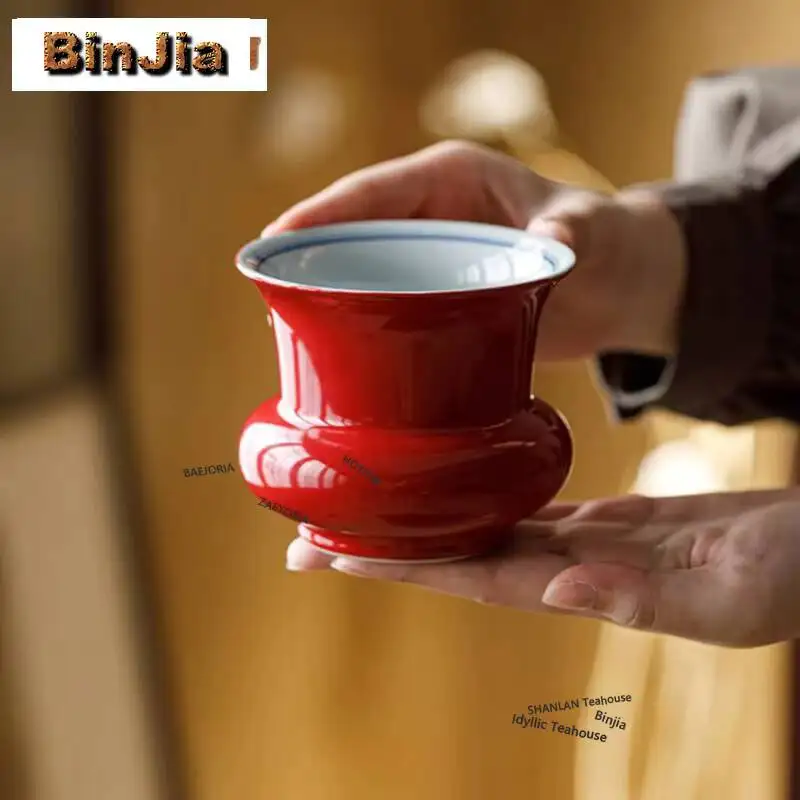 360ml Red Glaze Double-lines Jianshui Washing Cup Bowl Tea Dust Cylinder Barrel Chaxi Tea Services Equipment Ornaments Craft