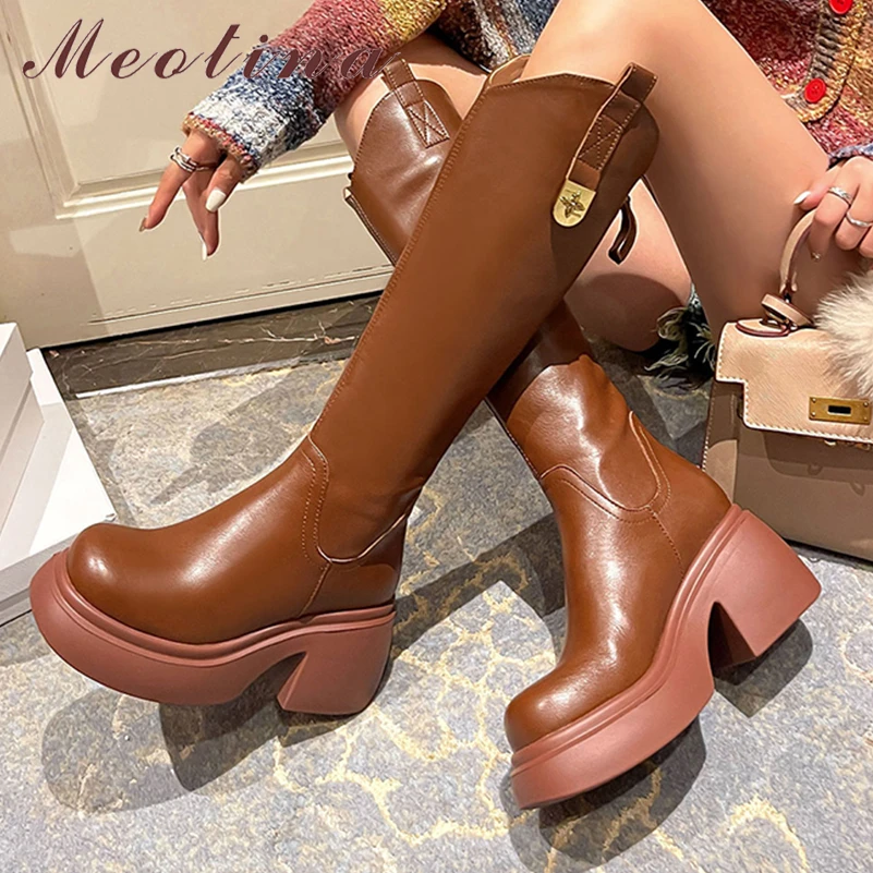 

Meotina Women Genuine Leather Western Knee High Boot Round Toe Thick High Heel Platform Zipper Long Boot Lady Shoes AutumnWinter