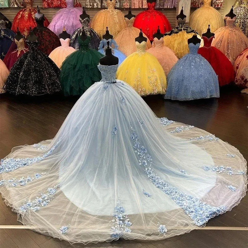 Vestido de quinceañera azul cielo con capa fuera del hombro, apliques de flores 3D, vestidos de fiesta de cumpleaños de princesa, dulce 16