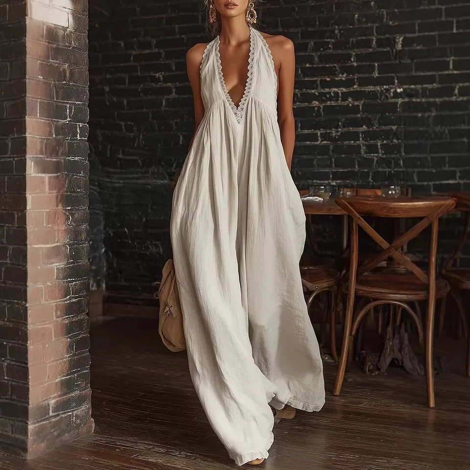 

Sexy Lace Loose Linen Jumpsuit Women Summer Solid V-neck Sleeveless High Street Wide Leg Playsuits Casual Beach Holiday Jumpsuit