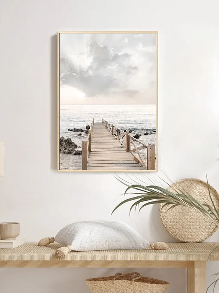 Sea Lake Bridge Canvas Painting Autumn Scenery Beach Poster Beige Leaf Reed Wall Art Print Nordic Wall Pictures Home Decor