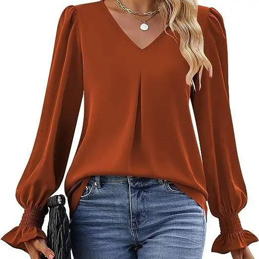 Long Sleeve Shirt Women\'s Spring Solid Color V Neck Bell Sleeve Fashion High Street Black Top Elegant Blouse for Women