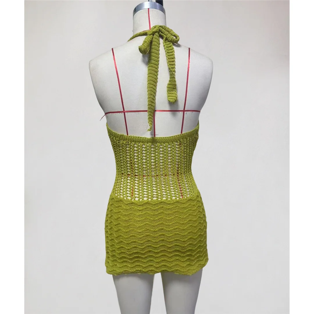 S - XL Halter V-Ausschnitt Rückenfreie Häkel-Strick-Tunika Strand-Überwurf Strandkleid Strandmode Damen V8238 – Detail 7