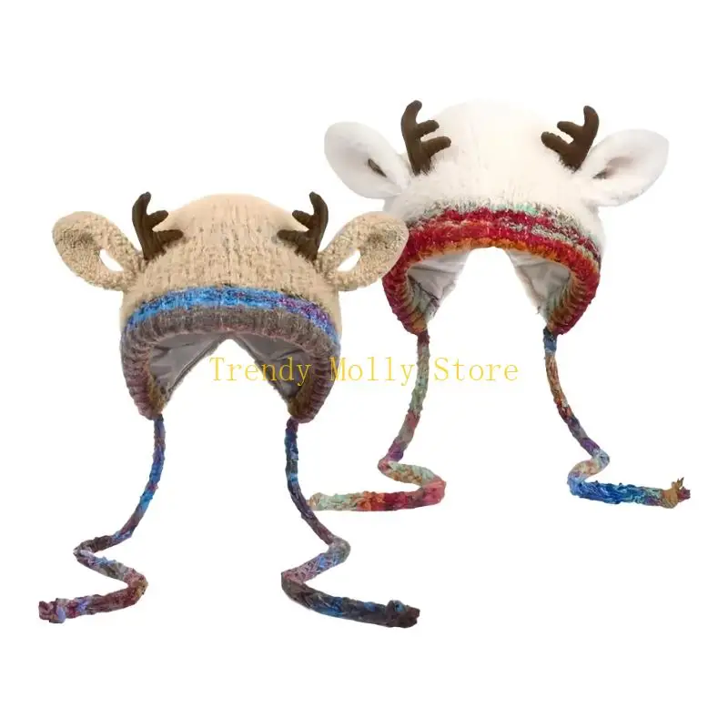 

N5KB Santa Knit Cap With Soft Reindeer Antlers Christmas Party Hat Thick Lining