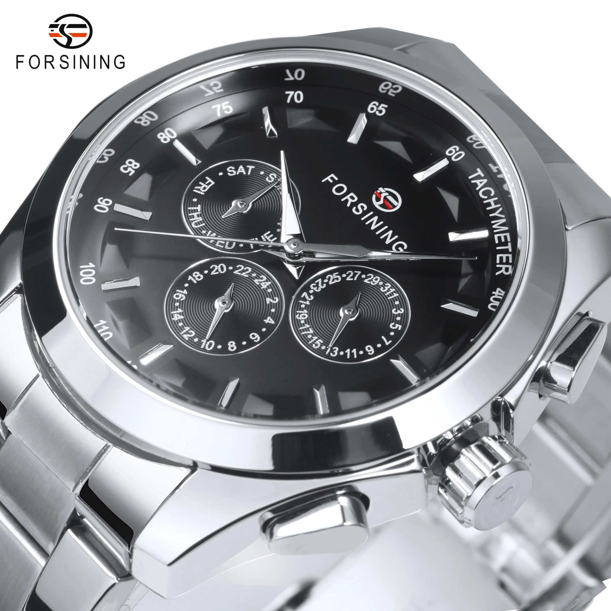 Forsining Sports Mens Watch Multifunction Automatic Mechanical Watches Luminous Hands Stainless Steel Band Military Wristwatch