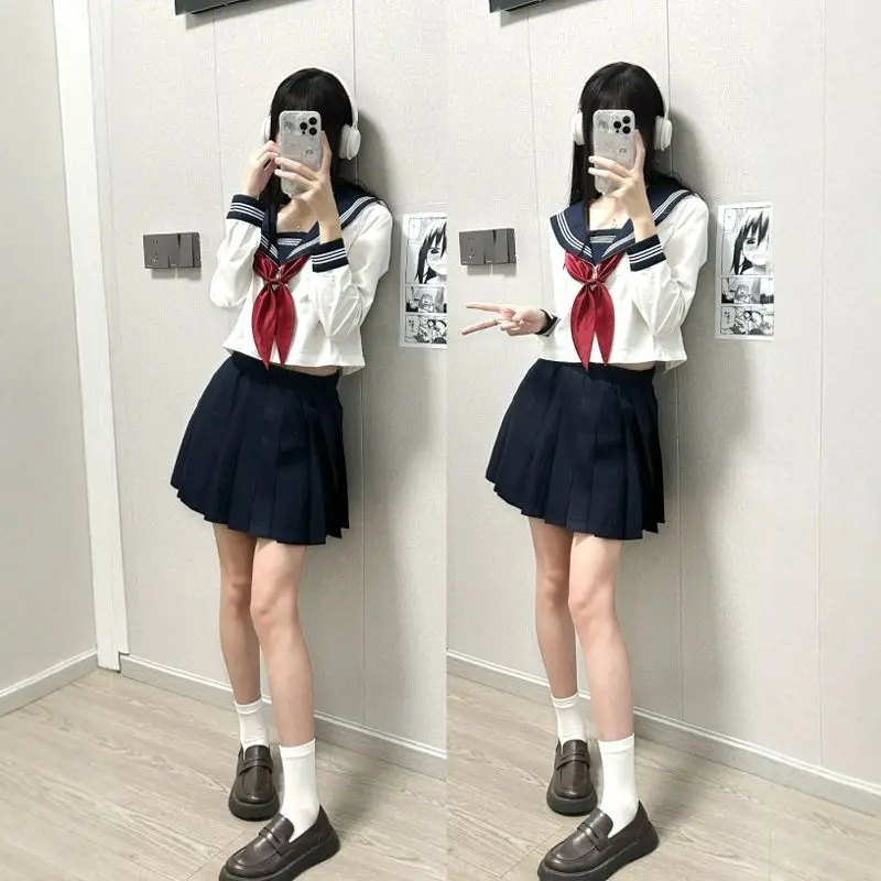 plus Size Sailor Suit Uniform JK School Uniform with Collar Long Sleeve Short Sleeve Shirt Basic Version Three Books Middle U...