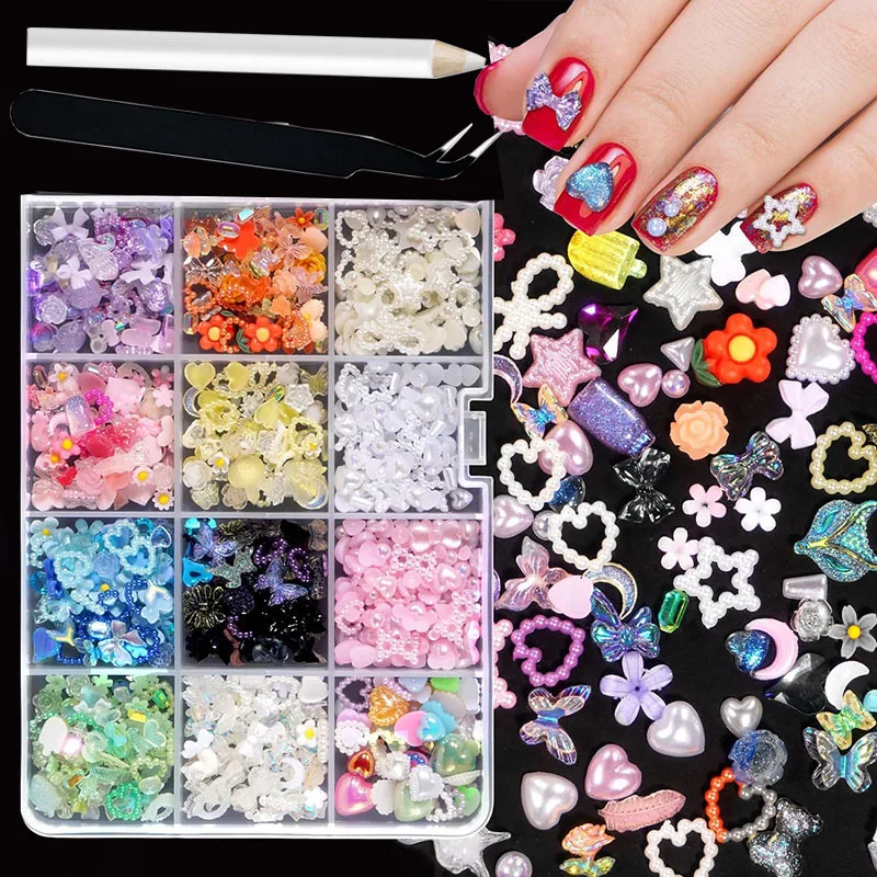 12 Grids Random Heart Bow Rose Flowers Nail Charms Cherry Resin Gems Pearls Design for DIY Nail Art Decorations Accessories