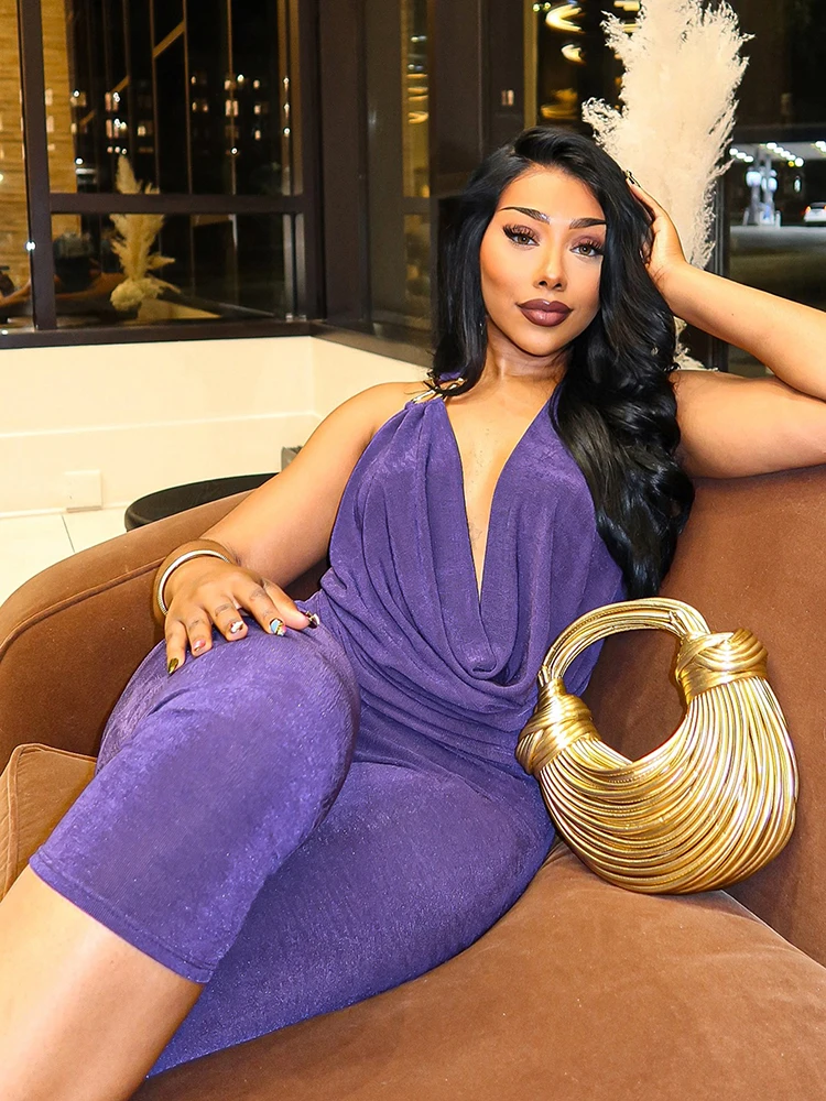 

Whatiwear Sexy Fashion 2 Piece Set Women Metal Buckle Halter Swing Collar Tank Tops+Skinny Crop Pants Midnight Hipster Clubwear