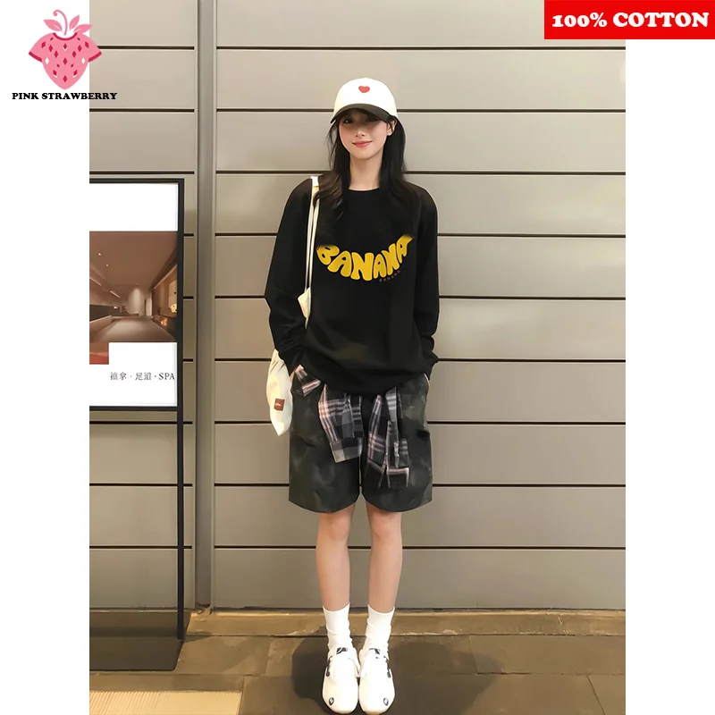 

Banana Letter Print T-shirt Women Autumn Winter 2025 New 100% Cotton Oversize Black Long sleeved T-shirt Y2k Top Ladies clothing