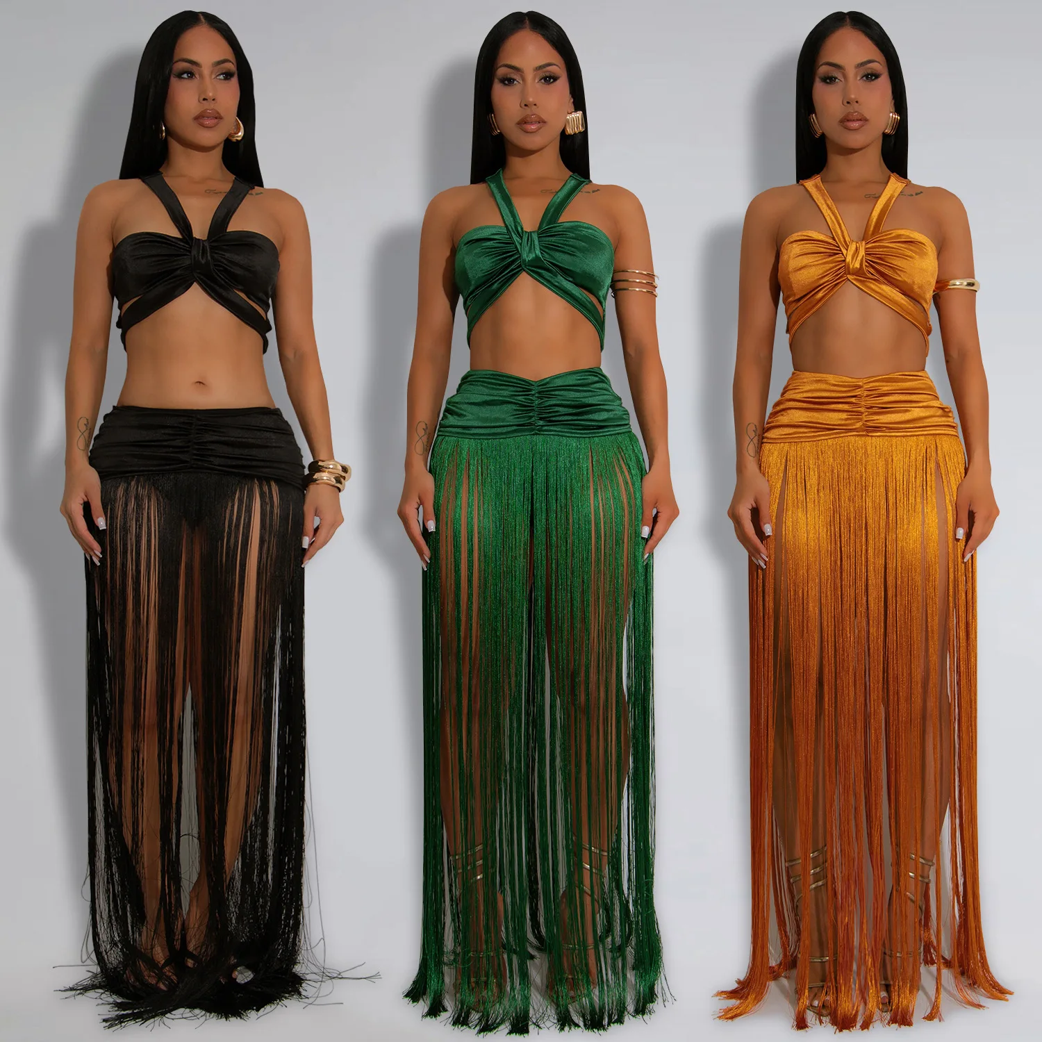 Stylish and sexy women's shoulder strap top fringed long dress two-piece vacation beach summer suit
