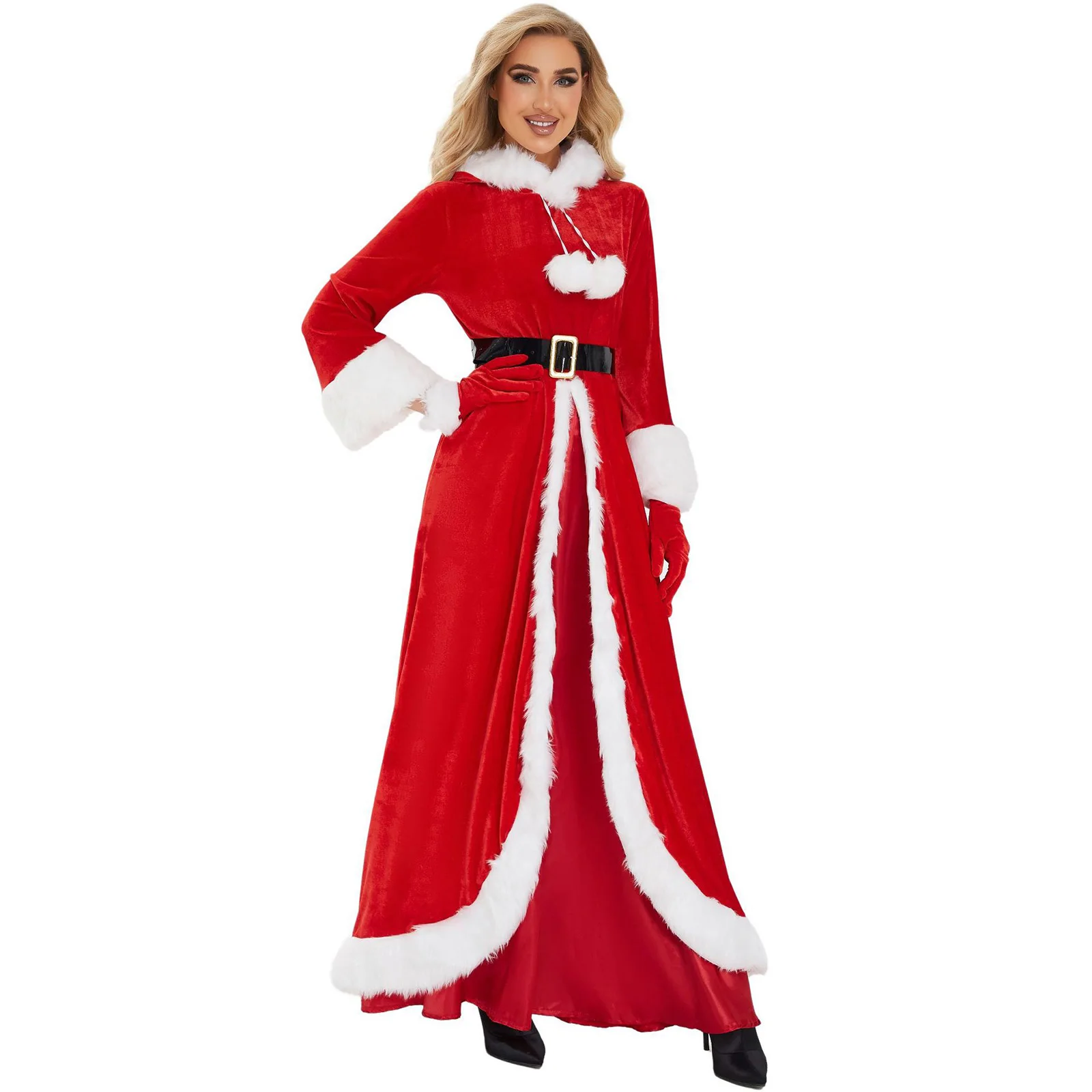 Womens Christmas Deluxe Mrs babbo natale Costume Set abito in velluto con cintura a mantella con cappuccio natale capodanno Cosplay Party Fancy Outfits